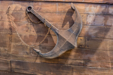 Anchor on side of replica 14th century British sailing vessel