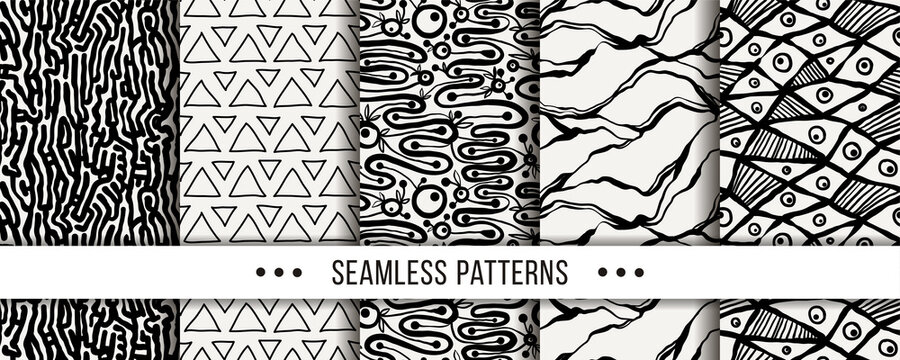 Cute collection of doodle hipster seamless patterns. Ornament set for your design, wallpaper, background, fabric textile