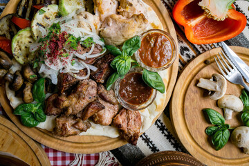 delicious European and Slavic cuisine on the big table waiting for guests. table with food, top view