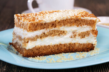 dessert with lots of calories, delicious cake cut into pieces