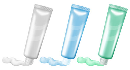 Set of open toothpaste tubes in three colors, isolated on white background. Vector illustration.