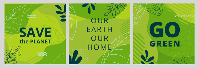 Set of Earth Day posters with green backgrounds, liquid shapes, leaves and elements. Layouts for prints, flyers, covers, banners design. Eco concepts. - 424677876