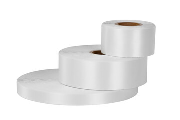 side view tower of three coils of white satin ribbons of different sizes for labels or branding, isolated without shadows on a white background.