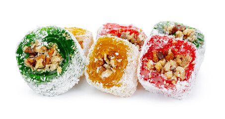 Colorful Turkish delight with nuts in powdered sugar isolated on white