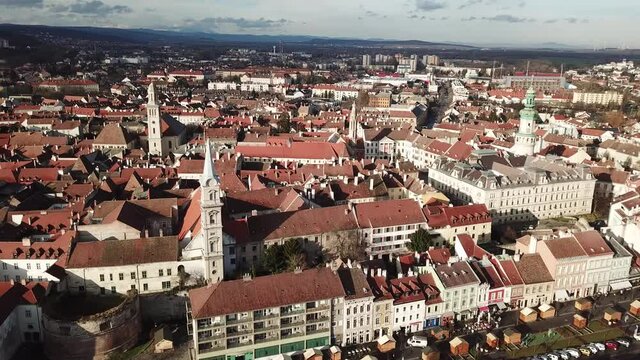 Cinematic aerial drone clip of the charming quaint historical inner city, downtown of Sopron, a major tourist destination in Győr-Moson-Sopron County, Western Transdanubia in Norhwestern Hungary