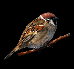Field sparrow. Bird on black isolated background with clipping path. A sparrow sits on a branch. Close-up. Nature.