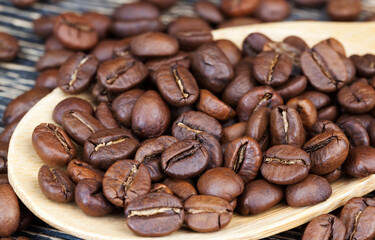 aromatic coffee beans in a wooden spoon