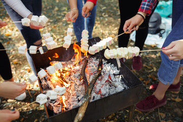 A group of people holding chopsticks with marshmallows in their hands fries them on a fire. Picnic...