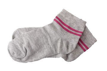 Pair of grey striped cotton socks isolated on white background. Fast fashion, mass production concept