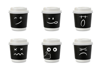 Set of paper coffee cup with face emoticons. cartoon style