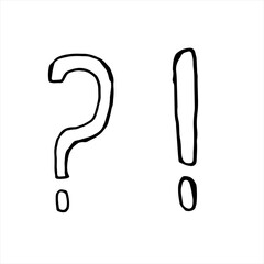 One hand-drawn question mark and exclamation mark. Doodle vector illustration. Isolated on a white background, black and white graphics