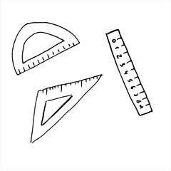 One hand-drawn set of rulers. Doodle vector illustration. Isolated on a white background, black and white graphics