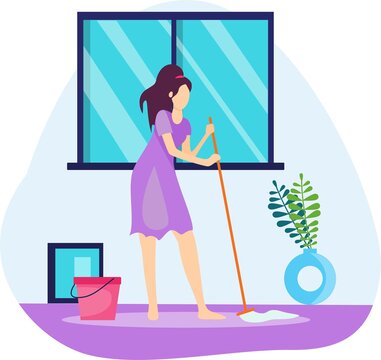 Yound Woman cleaning dirty floor. Flat vector illustration