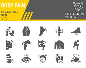 Fototapeta premium Body pain glyph icon set, body ache collection, vector graphics, logo illustrations, body pain vector icons, illness signs, solid pictograms, editable stroke.