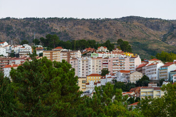 Fototapeta na wymiar Aerial view of Portuguese town Covilha and district Castelo Branco. View from mountains Serra de Estrela