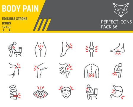 Body pain line icon set, body ache collection, vector graphics, logo illustrations, body pain vector icons, illness signs, outline pictograms, editable stroke.