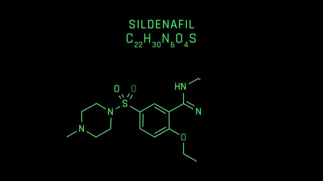 Sildenafil - Molecular Structure Symbol Neon Animation on black background