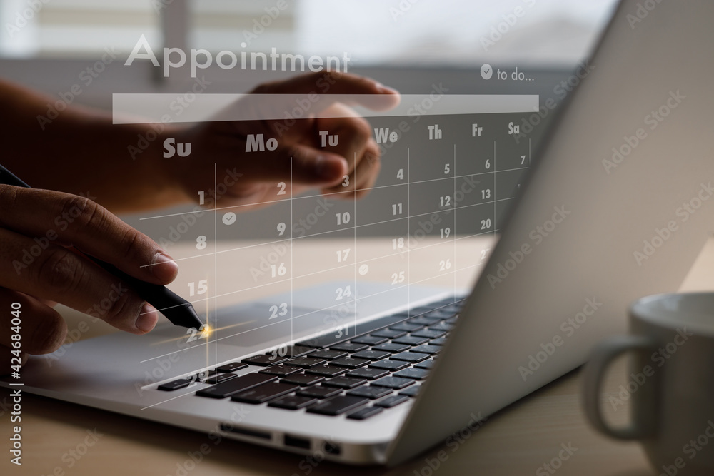 Poster man work business writing working and schedule calendar busy schedule tasks and appointments in week