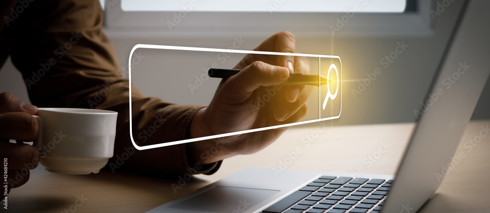 Poster search on internet businessman using searching browsing internet internet of things (iot) on searchi