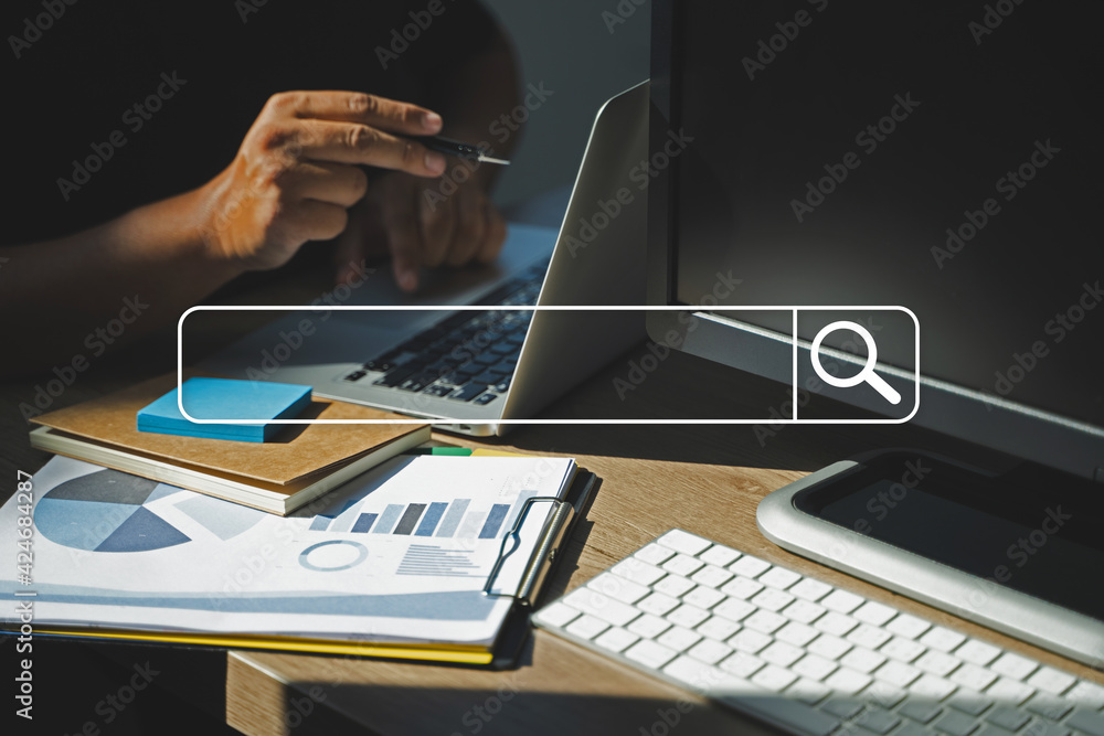 Poster businessman using searching browsing internet of things (iot) internet network for searching browsin