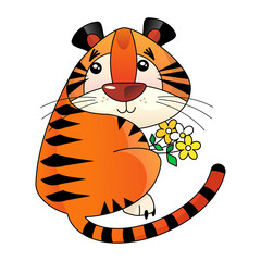 Tiger cub with a bouquet of flowers, drawn in cartoon style on a white background, isolated object. Vector, illustration