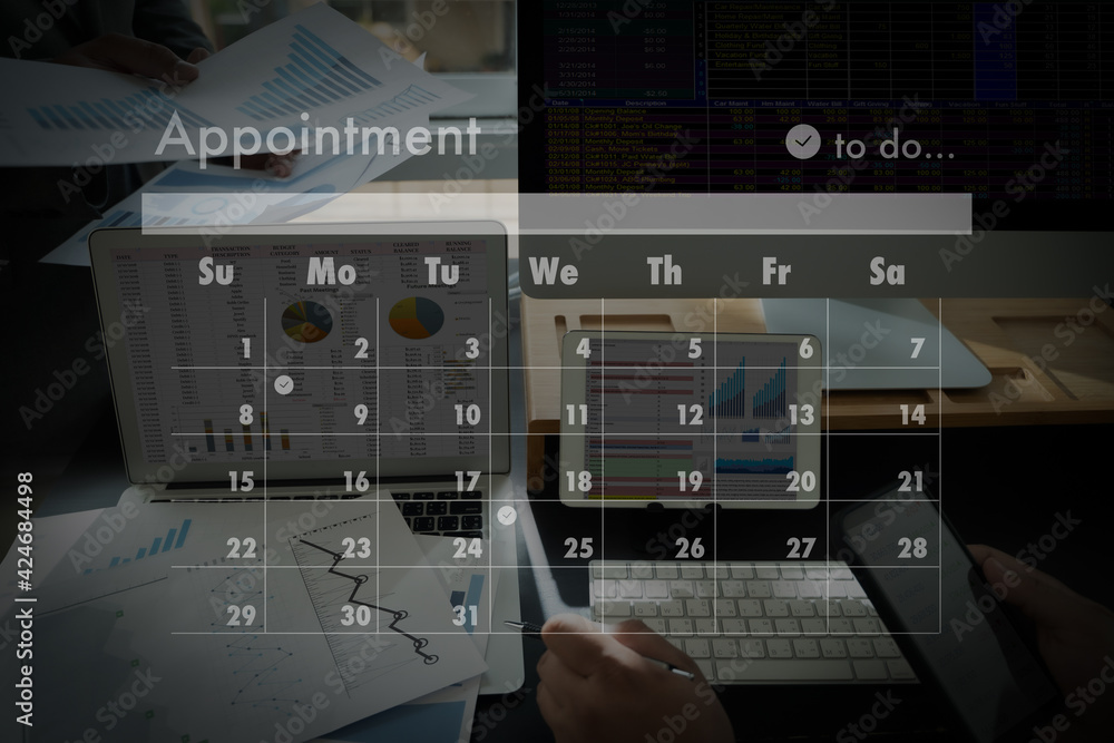 Poster man work business writing working and schedule calendar busy schedule tasks and appointments in week