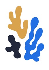 Contemporary Matisse-inspired wall art with abstract algae leaves or colored blots. Modern minimalist vertical interior poster on white background. Flat vector illustration for printing and decoration