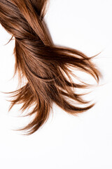 Fototapeta premium Dark brown hair in unusual shape lie on a white background