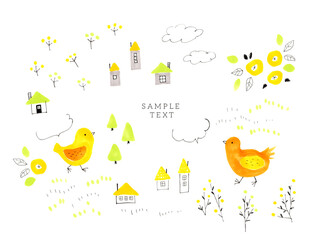 かわいい小鳥の手描きイラスト素材　手書き　鳥　セット　吹き出し　コピースペース　ほっこり　ほのぼの　のんびり　黄色　花畑　家　絵本　メルヘン