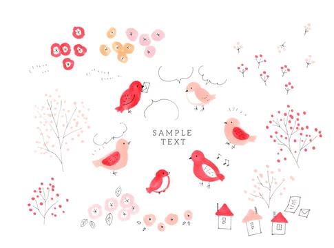 小鳥 鳥 イラスト ピンク 手書き 手描き かわいい のんびり おしゃれ ほっこり リラックス ハッピー 楽しい かわいいピンクの小鳥 花畑 おしゃべり 会話 素材 イラスト素材 グラフィック素材 白背景 吹き出し ホワイトスペース 文字スペース 余白 Stock イラスト