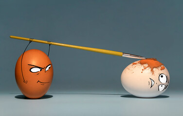 Two chicken eggs on a blue background, brown paints white with a brush, with a sly and frightened...