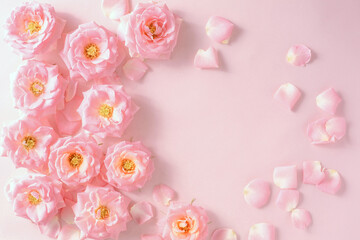 frame of flowers, blooming pink roses