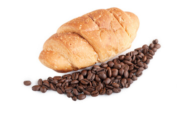 Croissant with coffe beans on white background