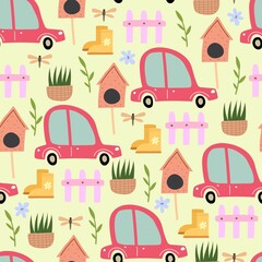 spring seamless pattern with cartoon cars, boots, dragonfly, plants, décor elements. colorful vector for kids. hand drawing, flat style. baby design for fabric, print, textile, wrapper