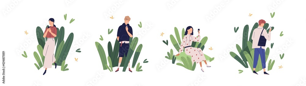 Poster Concept of friendly user environment and app clients care. Set of happy people with mobile phones using comfortable and usable online applications. Colored flat vector illustration isolated on white