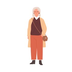 Portrait of aged gray-haired woman wearing stylish casual clothes and accessories. Trendy outfit of old lady. Colored flat graphic vector illustration of modern granny isolated on white background