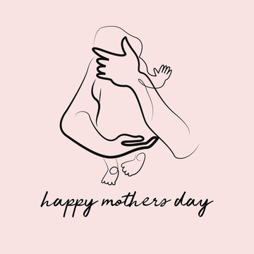minimalistic simple linear image of a mother holding a newborn baby. Icon or logo. Postcard ioi congratulations on happy mothers day.