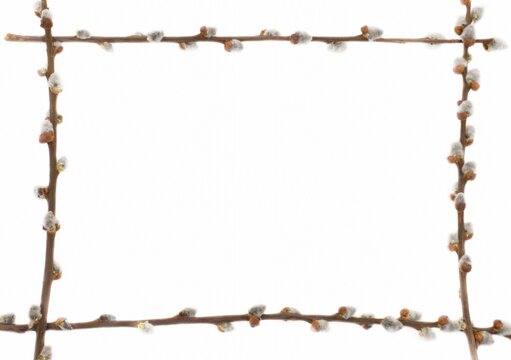 Pussy willow blossom twig. Easter decoration frame isolated on white background