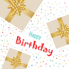 Fototapeta na wymiar Happy birthday poster with gifts and confetti on a white background. Vector illustration.