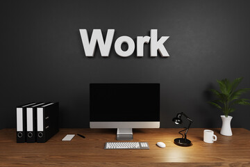 modern clean office workspace with computer screen and dark concrete wall; work from home lettering; 3D Illustration