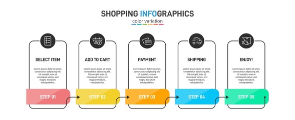 Concept of shopping process with 5 successive steps. Five colorful graphic elements. Timeline design for brochure, presentation, web site. Infographic design layout.