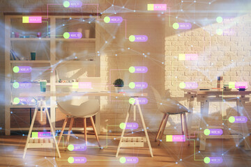 Multi exposure of data theme drawing and office interior background. Concept of technology.