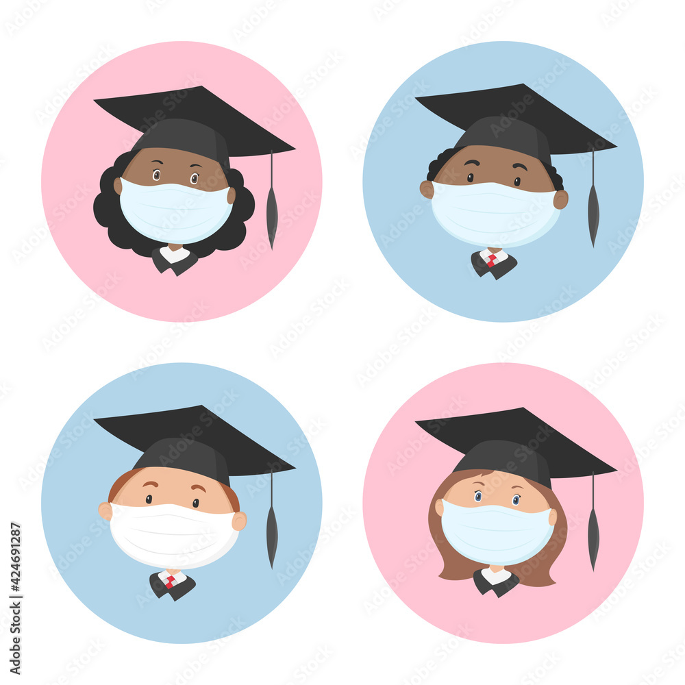 Canvas Prints Graduate students in protective masks and mortarboards. Icon set. Vector.