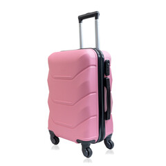 Pink travel suitcase on wheels, isolated on white background. Trendy children's suitcase.