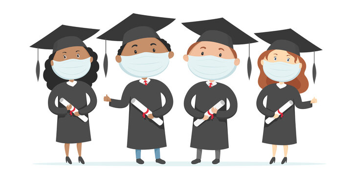 Group of students in masks hold diplomas. Graduate ceremony. Vector illustration.