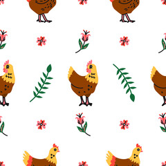 Seamless pattern with brown chickens and floral elements on a white background. Modern vector illustration. Perfect for printing on fabric or paper.