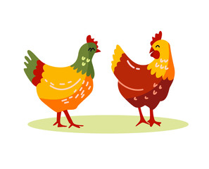 Cartoon hens isolated on white background. Vector illustration.