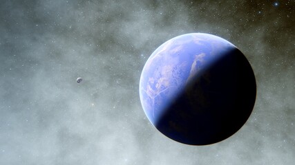 super-earth planet, realistic exoplanet, planet suitable for colonization, earth-like planet in far space, planets background 3d render	