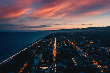 Aerial view of the city of Locri by night. Calabria Italy