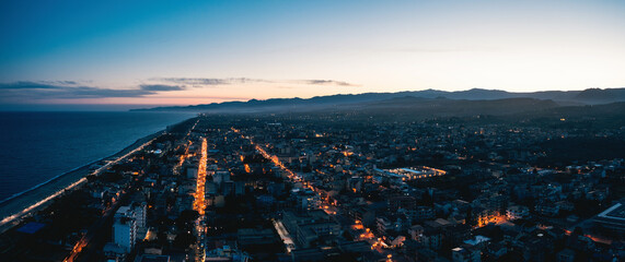 Aerial view of the city of Locri by night. Calabria Italy